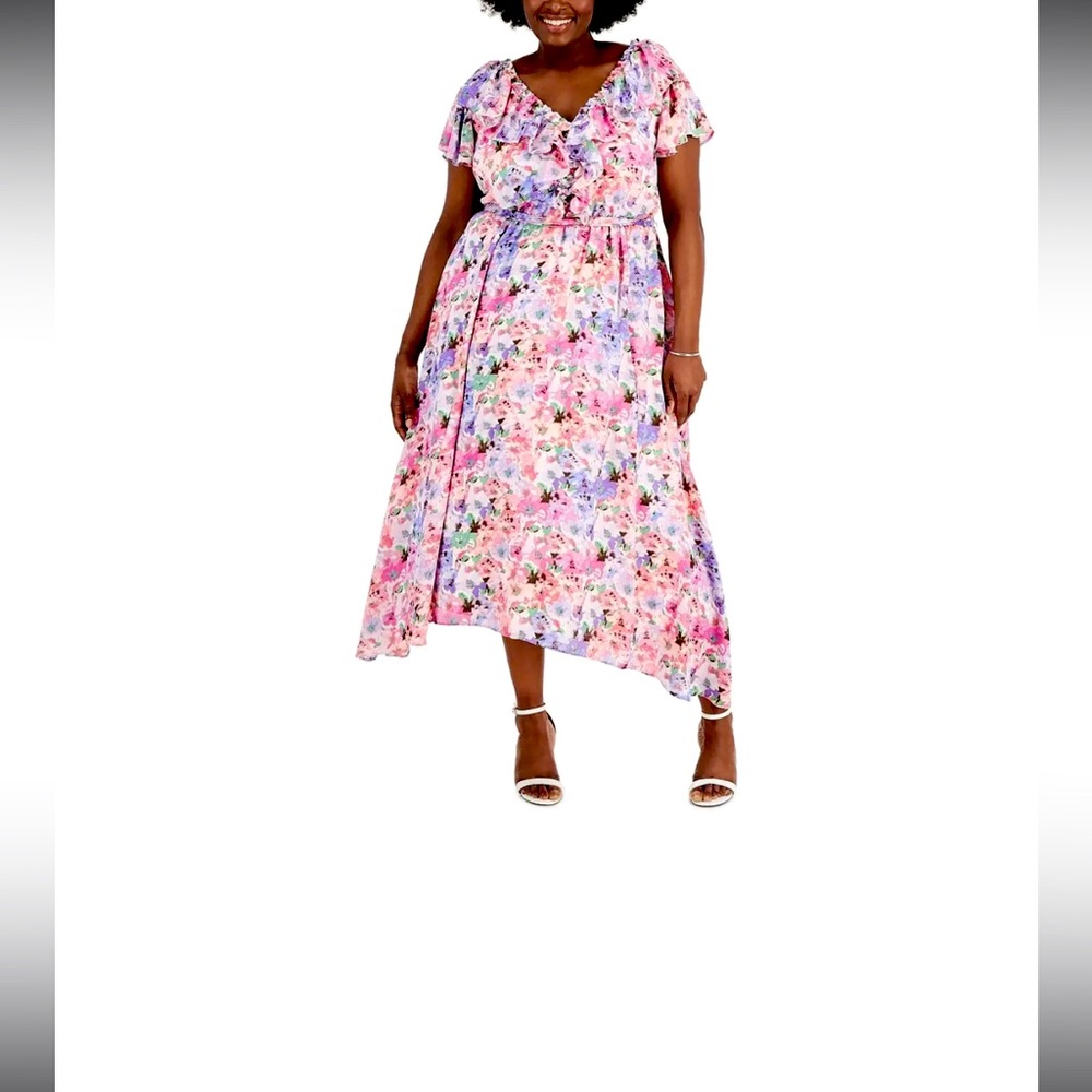 Taylor Womens V- Neck Floral Print Flutter Sleeve Hi - Low Hem Ruffled Dress 18W